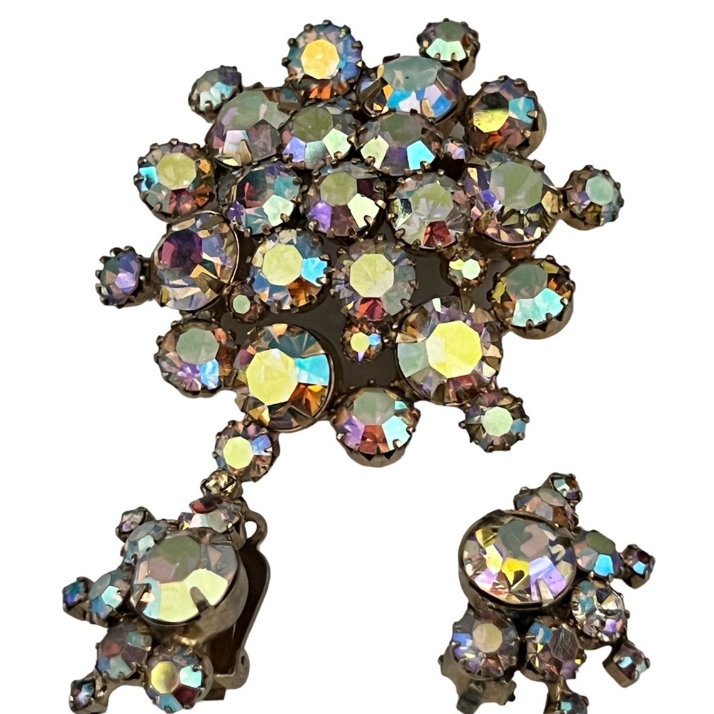 Vintage Iridescent CONTINENTAL brooch and earrings aurora borealis rhinestone